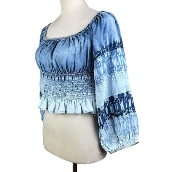 Anthropologie Pilcro Blue Ombre Chambray Smocked Square Neck Cropped Top - Picture 4 of 14